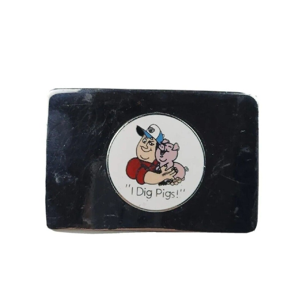 VINTAGE 1970s ***I DIG PIGS*** (FARMER W/ HAPPY PIG) SILVERTONE BUCKLE
